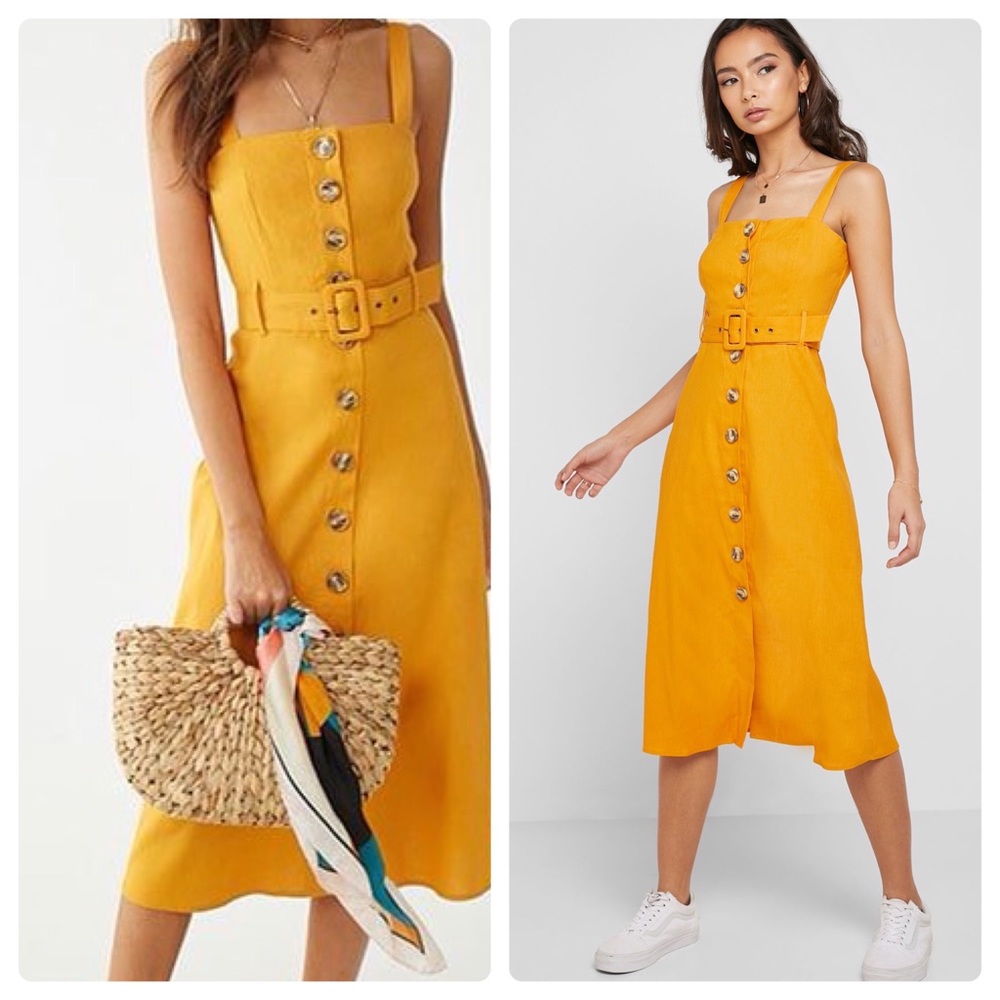 F21 golden orange button front midi belted dress